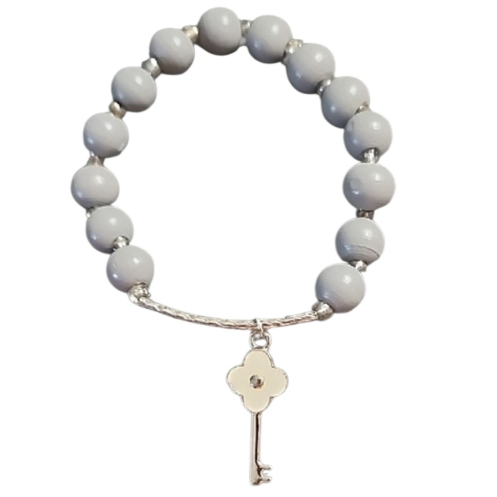 Gray Beaded Stretch Bracelet Silver Key Charm